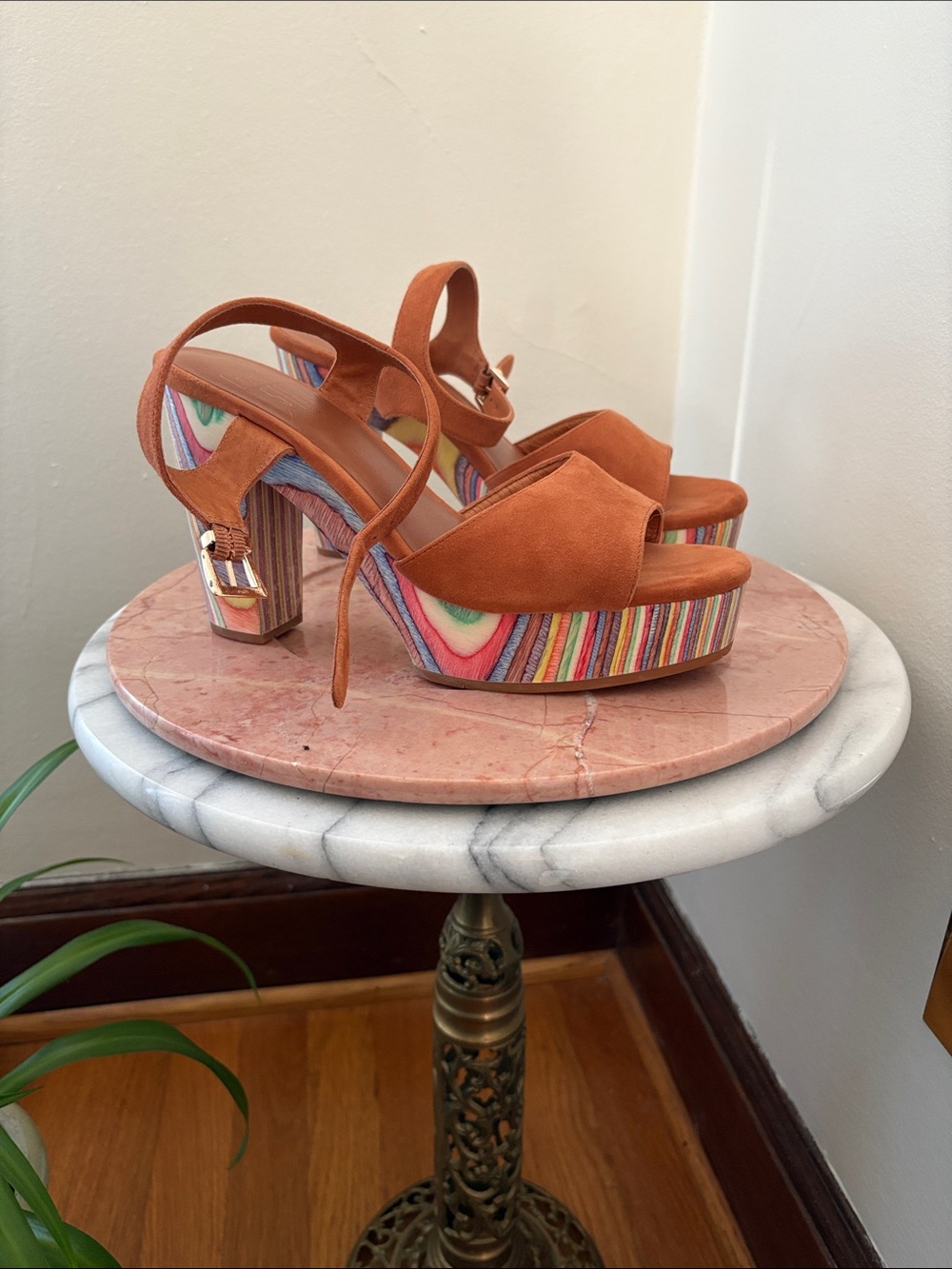 Charlotte Stone Rust Suede Platforms with Multicolor Striped Platform